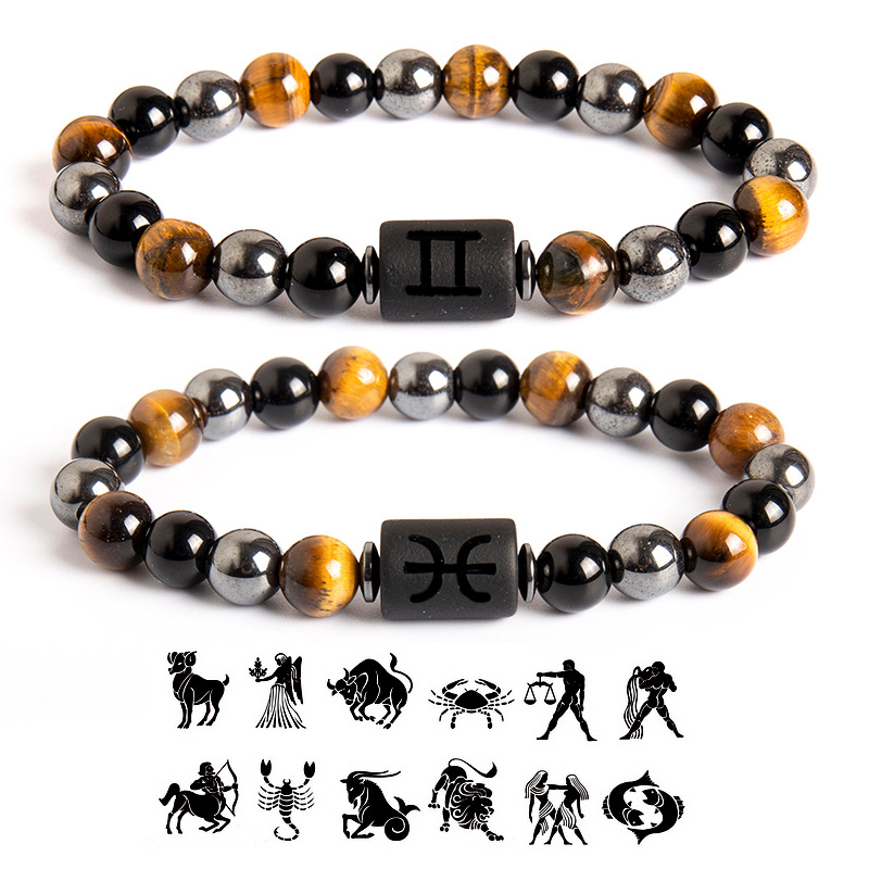 European and American Cross-Border Twelve Zodiac Signs Bracelet, New Natural Tiger Eye Stone and Black Gallstone Men's Handmade Beaded Bracelet