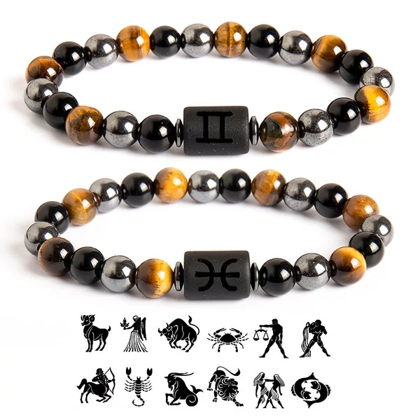 European and American Cross-Border Twelve Zodiac Signs Bracelet, New Natural Tiger Eye Stone and Black Gallstone Men's Handmade Beaded Bracelet