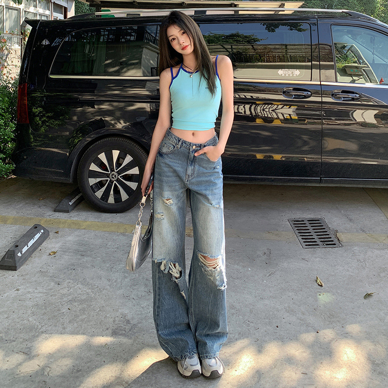 [TZ] Heavy Industry/Version Super "Retro Tannin" light blue Hole Design Casual Jeans Spandex