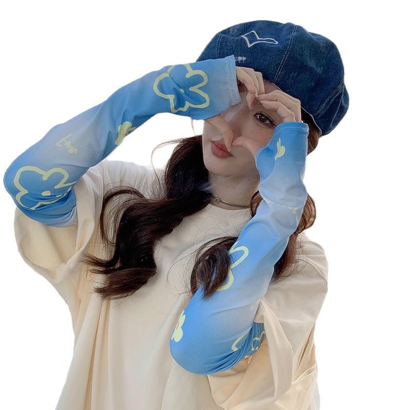 Nuevo gradiente de color ins pequeña flor protección solar oversleeve verano de las mujeres al aire libre equitación suelta protección UV manga de hielo transpirable