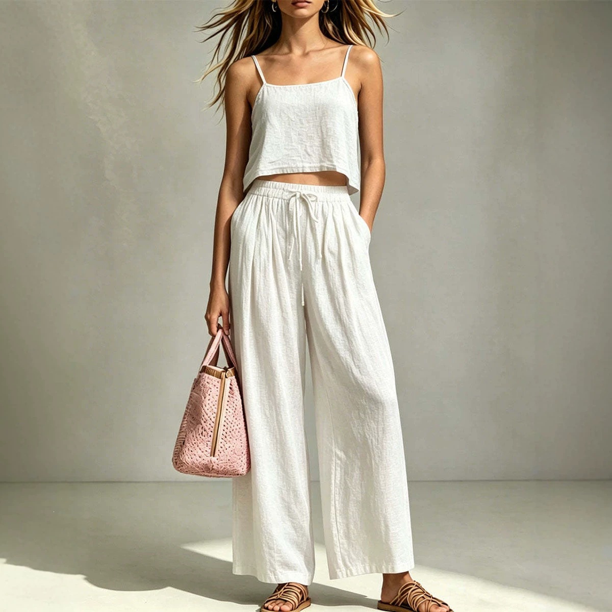 Women's Clothing Summer Fashionable Women's Two-Piece Set Casual Camisole And Loose Wide Leg Pants Style For Formal & Casual For Women_ecoleips.com