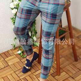 亚马逊独立站新款欧美男式休闲西裤格子九分裤现货销售