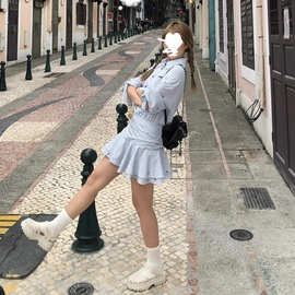 法式miu系学院风连衣裙子女春2025新款收腰蓝色条纹衬衫短裙