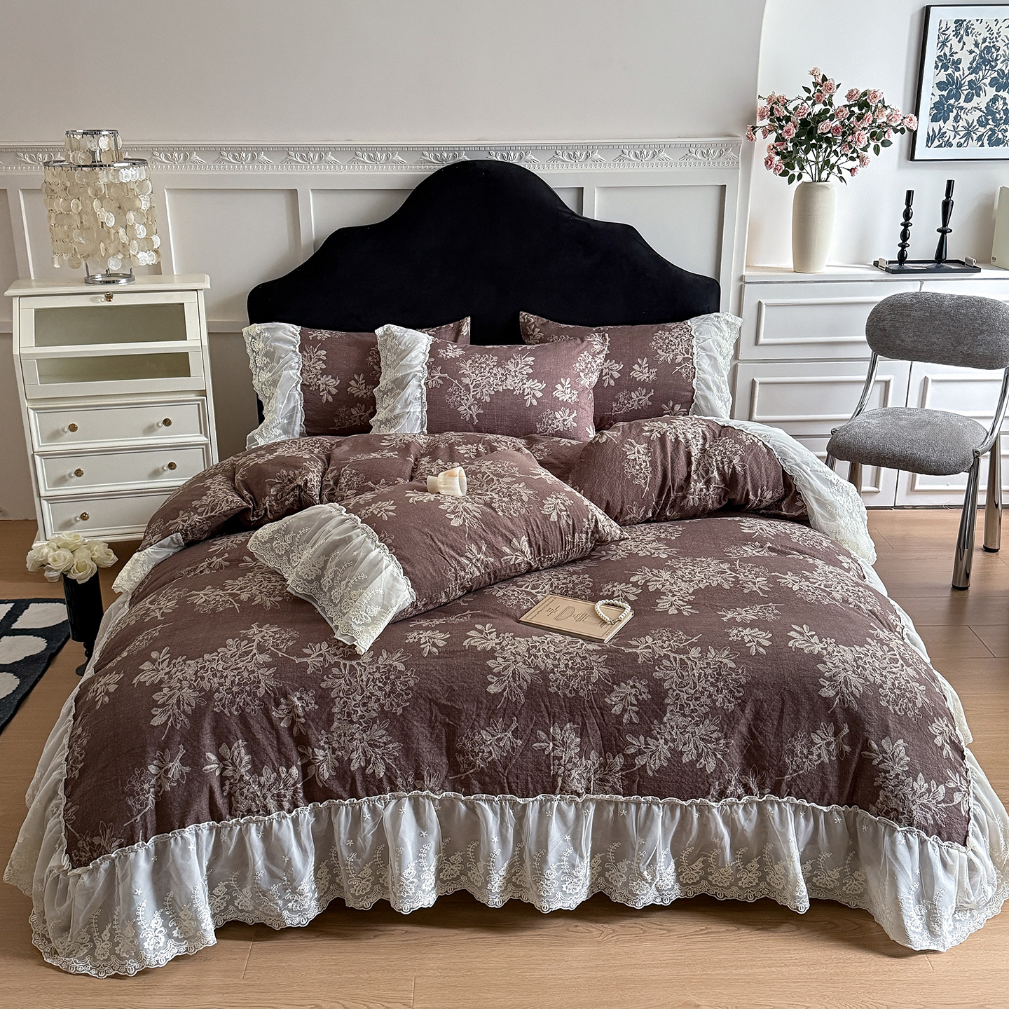 French Retro Double-Layer Lace Wrinkled Yarn Four-Piece Set Korean Princess Style Bedding 1.51.8 Fitted Bed Sheets