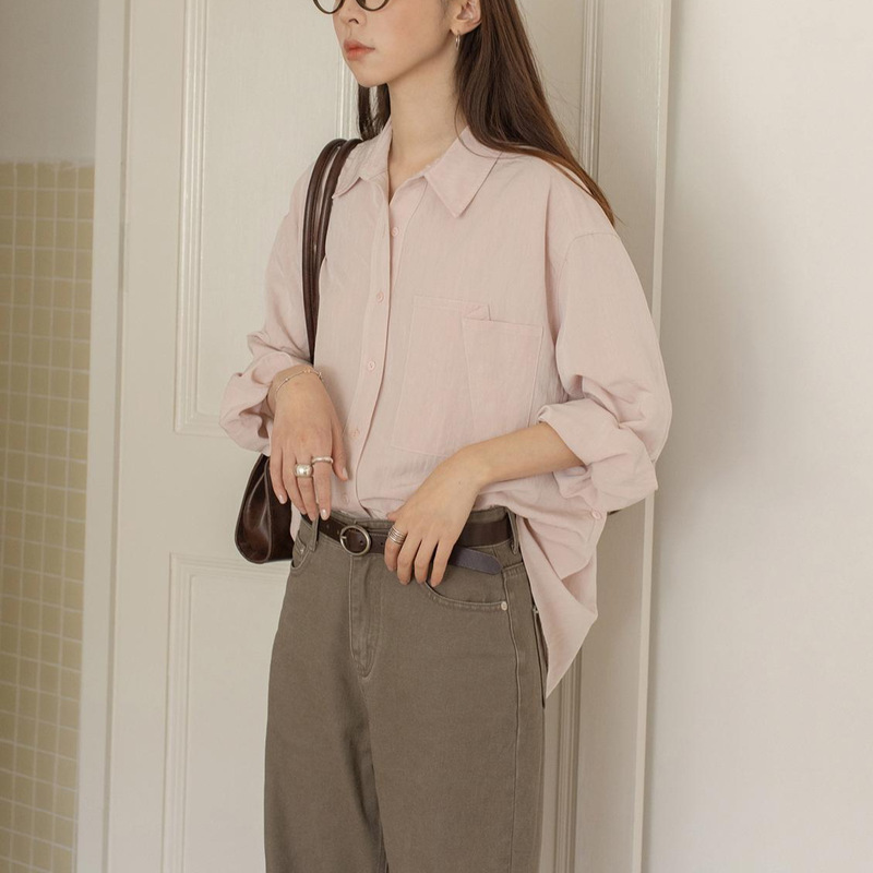 Vkook Pure Color Simple Lapel Shirt Women's Spring and Summer 2025 New Casual Large Flap Pocket Pants Draped Long-Sleeved Top