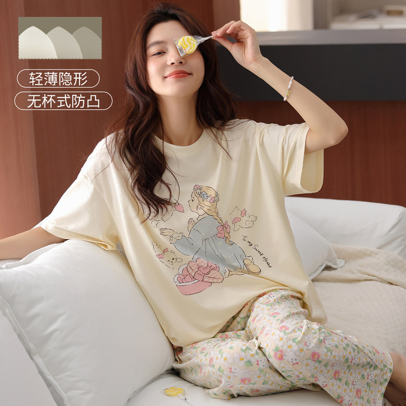 Summer Pajamas for Women with Built-In Breast Pads, Pure Cotton Short-Sleeved Pants, Summer Style Cotton Round Neck, Sweet Thin Home Wear Set