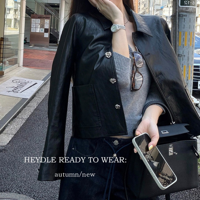 Black Bean Humhum Sunset Evening Breeze Retro Glossy Lapel Leather Jacket for Women
