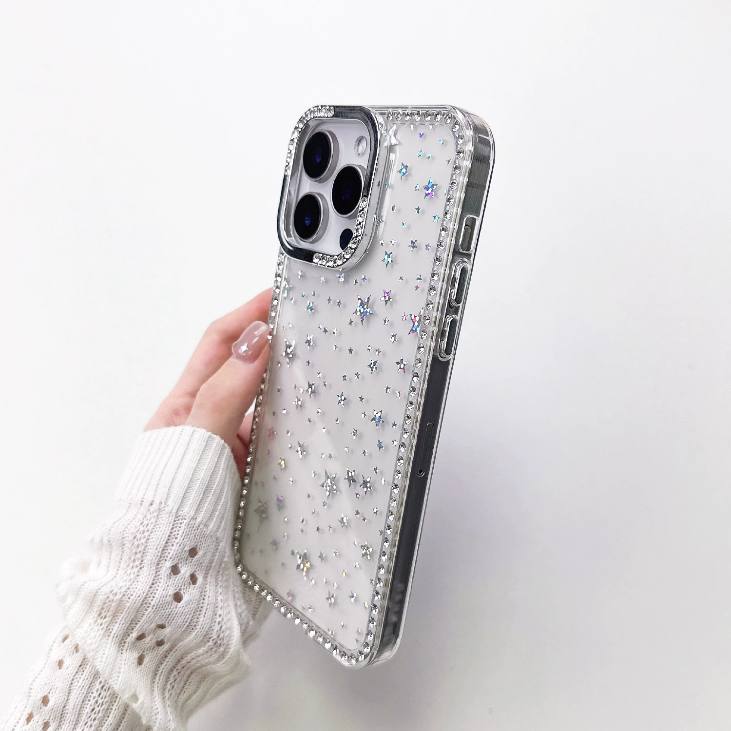 Чехол для Apple iPhone 17 (совместимый) — прозрачный с бриллиантовой рамкой и лазерным звездным блеском, лёгкая роскошь