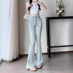 提臀紧身蕾丝拼接浅色女式微喇牛仔裤女夏高腰显瘦微喇裤子女款