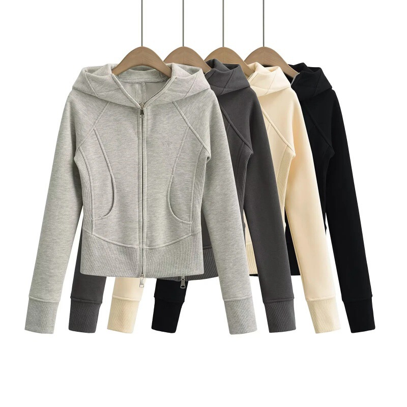 American style 2023 autumn and winter New retro hooded sweater women's tight waist slim slimming zipper fleece-lined casual coat