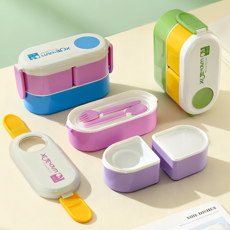 学生分格减脂便携塑料饭盒餐具便携大容量带蘸料盒午餐盒组合跨境