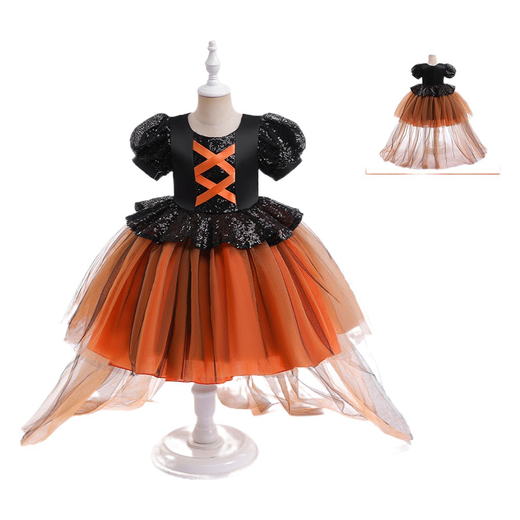 Europa y América nueva fiesta de Halloween Cosplay bruja vestido de los niños puff manga costura malla vestido de cola