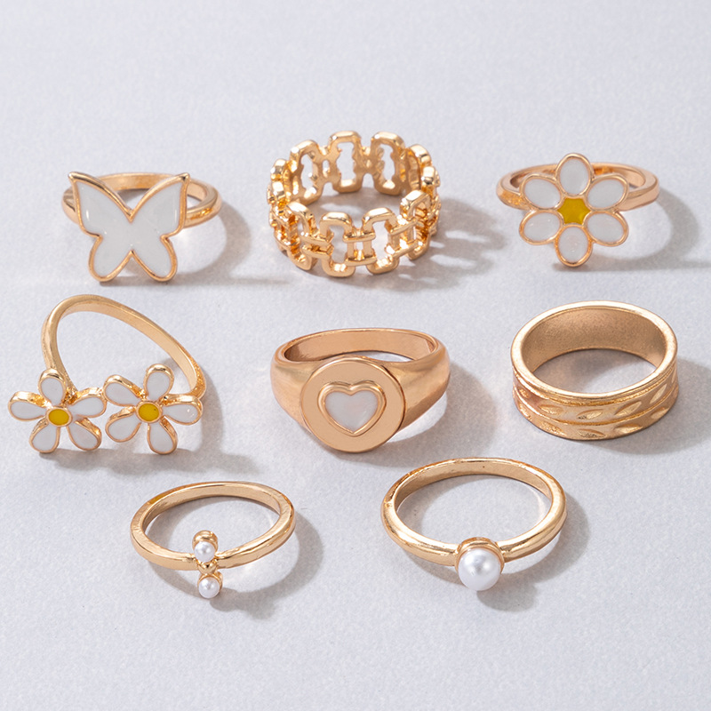 1 Set Fashion Heart Shape Flower Butterfly Alloy Enamel Plating Inlay Pearl Womenu0027S Rings