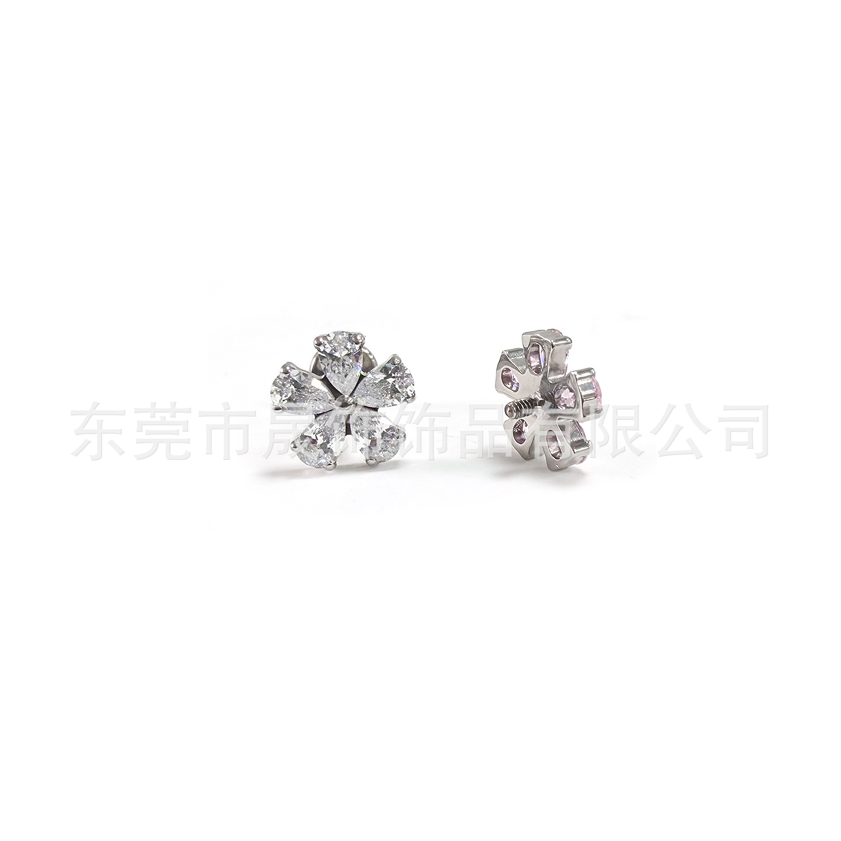 F136钛五花瓣锆石耳钉花朵唇钉跨境G23钛合金人体穿刺饰品配件头
