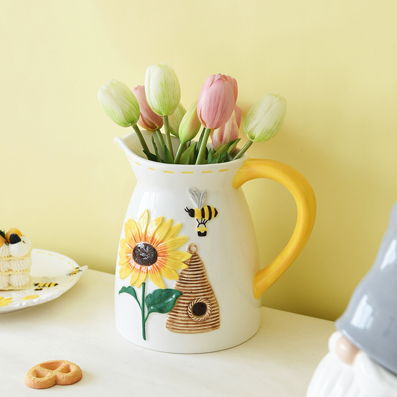 Arreglos florales de primavera, hervidor, abeja, lindo hervidor frío, cerámica de gran capacidad, cerámica en relieve creativa, olla de alto valor