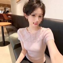 奶油系粉色钉珠花朵短袖针织衫女夏季新款修身百搭圆领绝美上衣潮