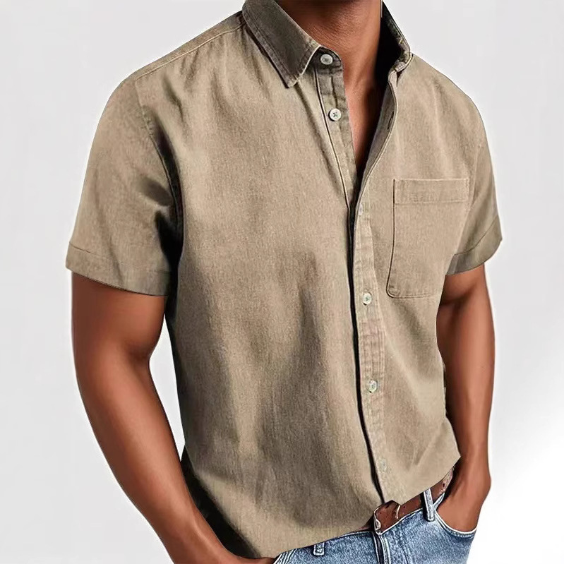 New 2022 Summer Street Style Shirt, Solid Color Washed Cardigan Short Sleeve Fashion Urban Turn-down Collar Men's Shirt_voghion.com