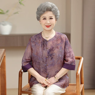 2026中老年妈妈装春夏衬衫女时尚老太太衬衣奶奶装夏装仿真丝上衣