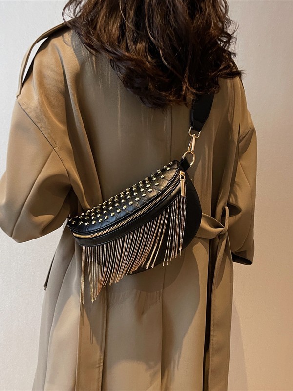 Industria pesada punk estilo remaches borda bolso de cintura mujer 2025 nuevo cross-border coreano banda ancha textura mochila de hombro