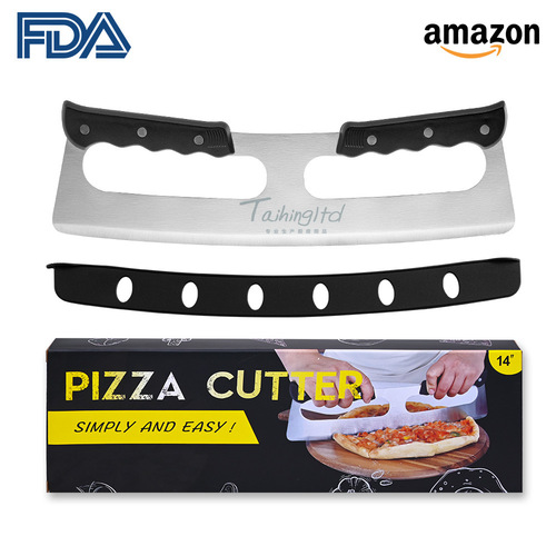 New upgraded pizza cutter stainless steel pizza machete double handle rocker nougat pancake cutter tool