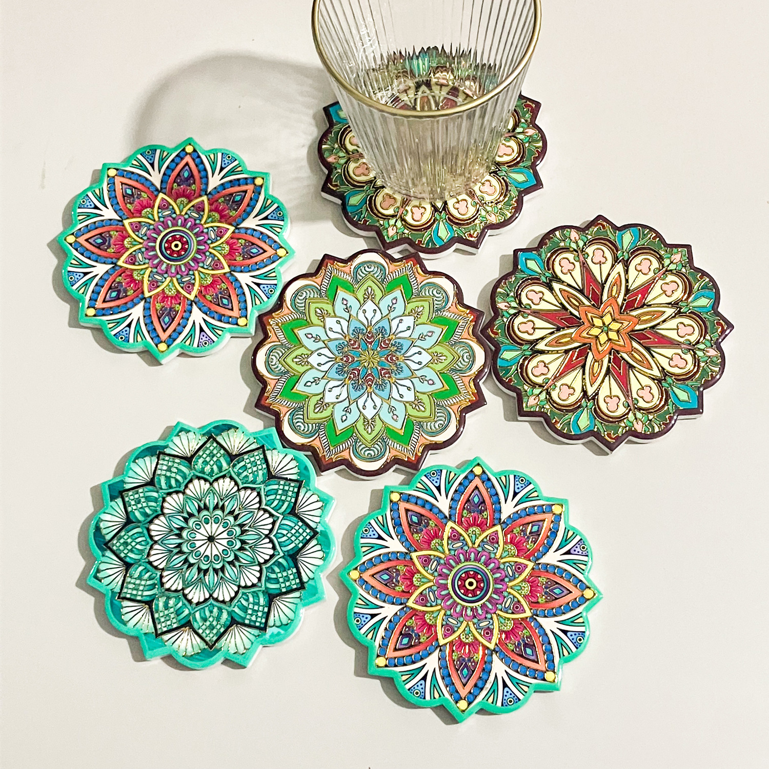 Nuevo posavasos en forma de flor, artesanía de bronceado, textura en relieve, posavasos para el hogar creativo de estilo étnico bohemio