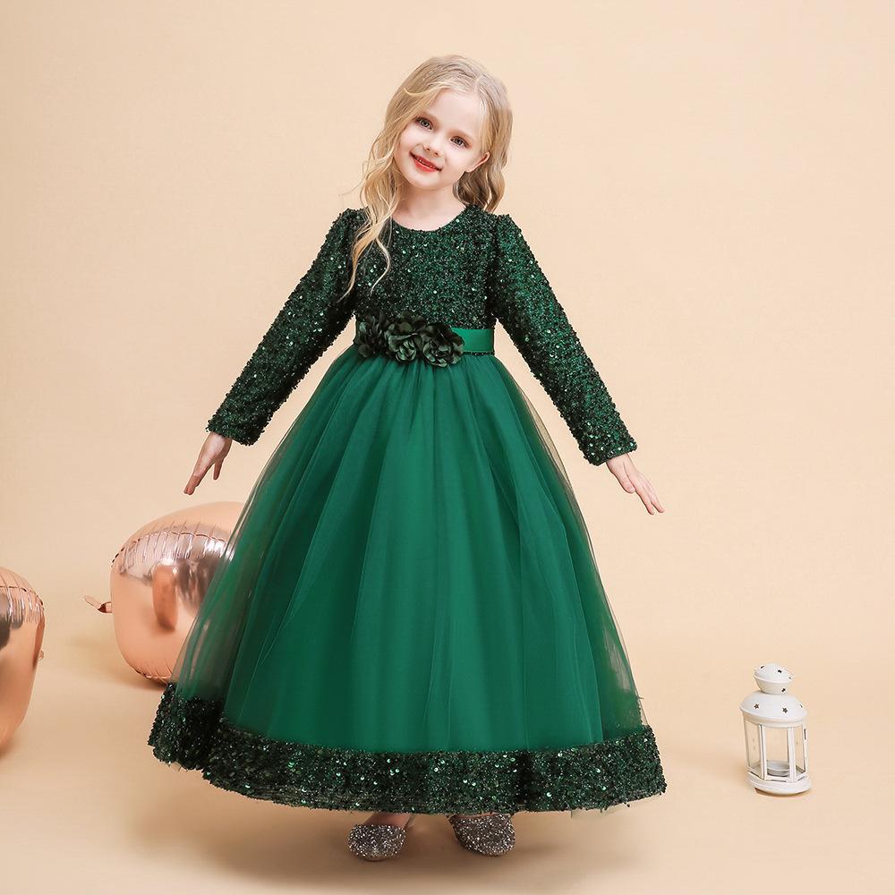 Vestido de niños transfronterizos Navidad manga larga lentejuelas mono princesa vestido niña anfitrión rendimiento vestido de noche