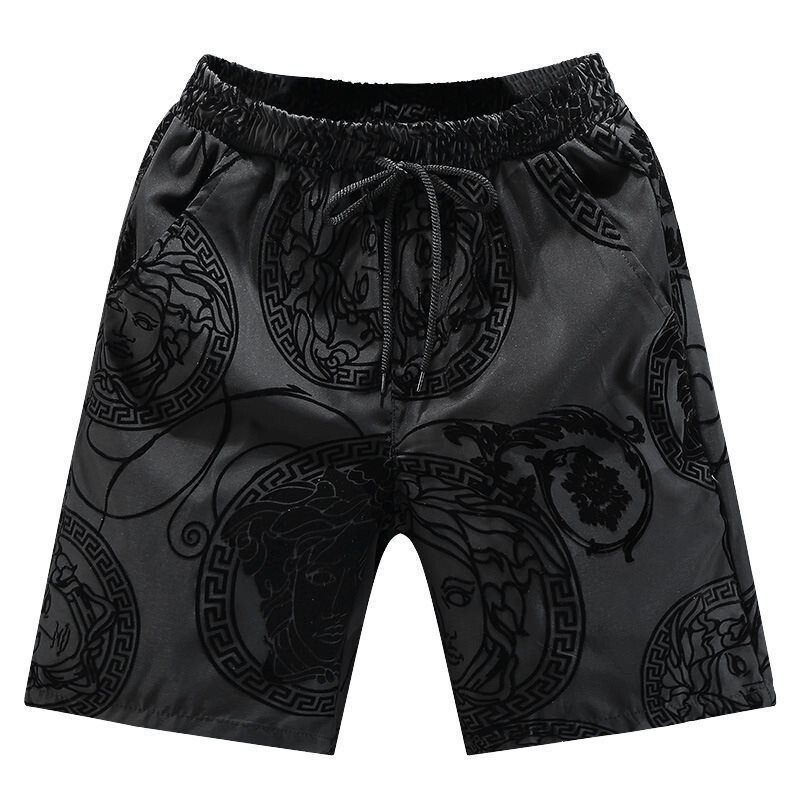 New men's summer shorts for outdoor wear, trendy slim-fit flocked fashion shorts, trendy brand casual beach shorts for men, mid-waist