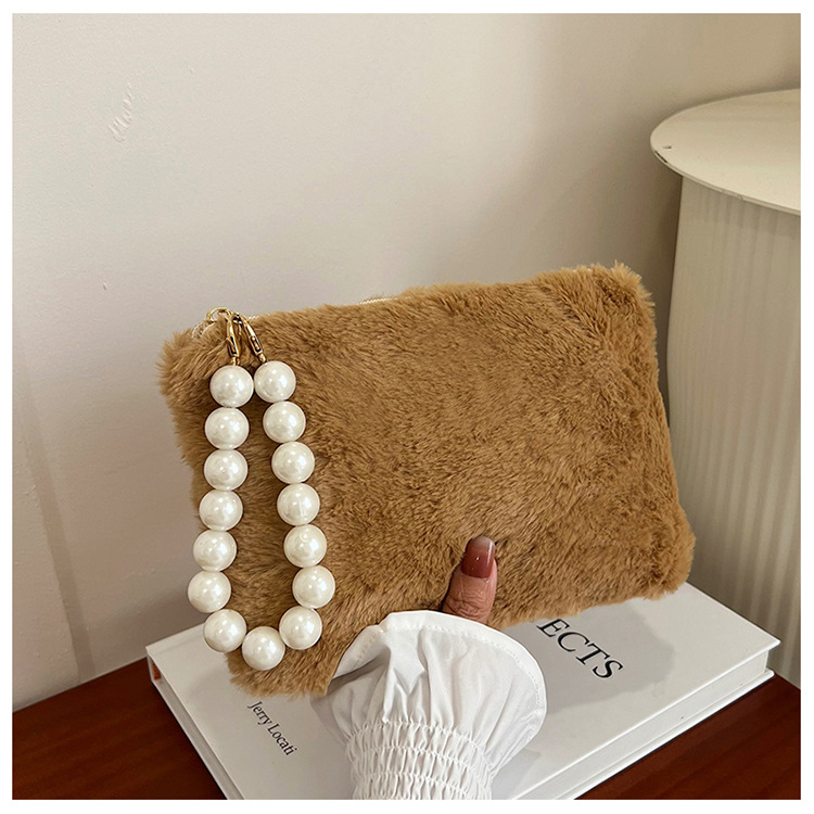 135g Weight Synthetic Leather Lining Material Pearls, Sewing Thread Fashion Element Zipper Closure Type Top Handle Strap Type Handbag Bags Type Casual, Shopping Occasion Plush Material Solid Color Pattern Winter Season Women's Gender Elegant Style Square Shape Women's Plush Solid Color Elegant Pearls Sewing Thread Square Zipper Handbag 14