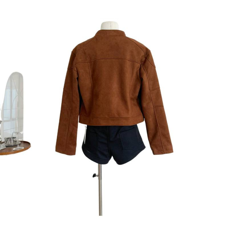 塞纳金属标复古麂皮绒外套女2025春秋新款短款飞行服夹克上衣服|undefined