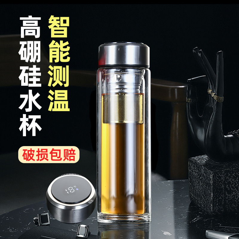 LED显示温度高档双层玻璃杯男女保温水杯车载加厚测温科技触控杯