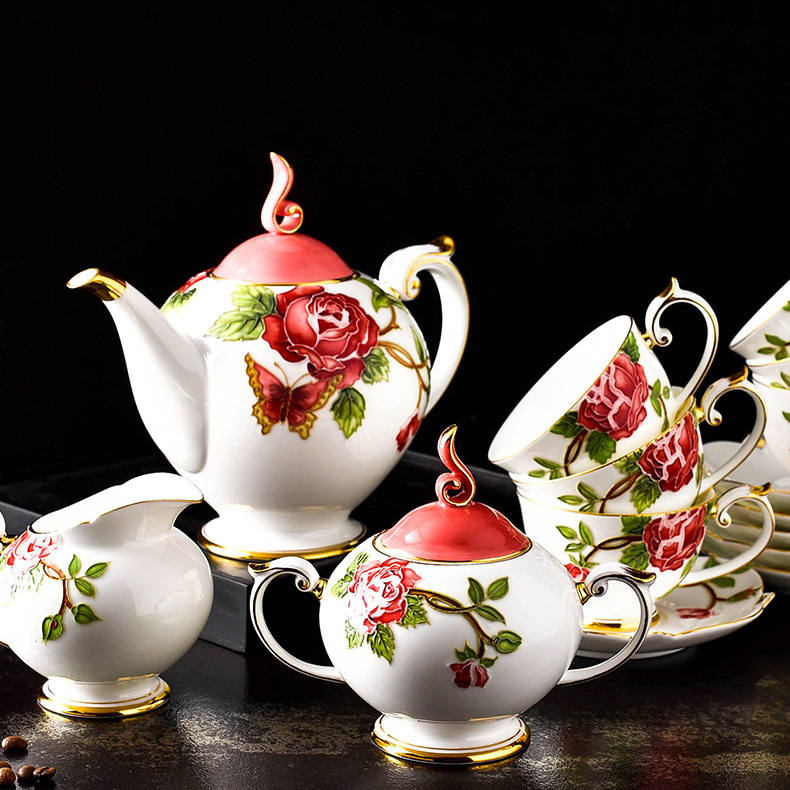茶具套装家用骨瓷下午茶具套组结婚婚庆手绘金边浮雕咖啡壶杯碟