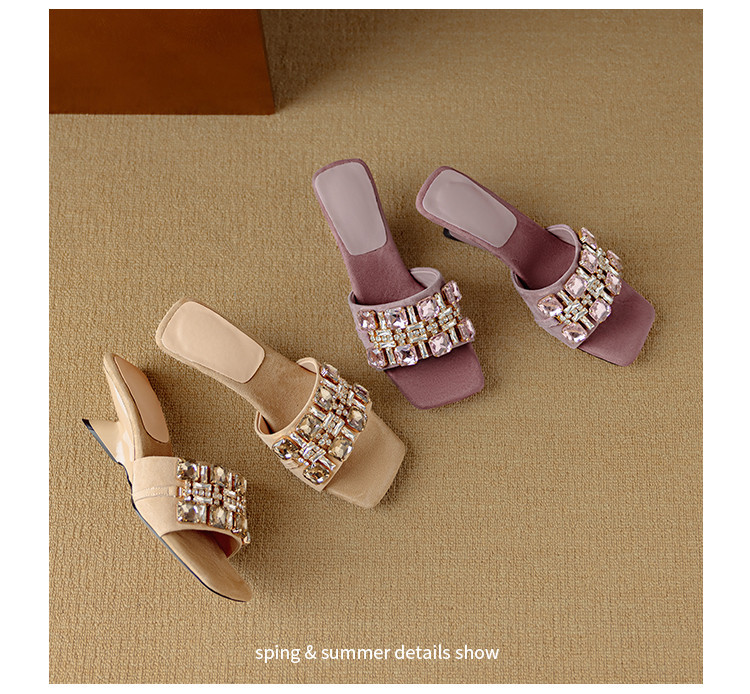 Dép sandal nữ mũi vuông đính đá lấp lánh kiểu Pháp, gót đặc biệt, thời trang đa năng — Tím, mơ chi tiết 16