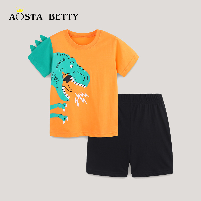 Nuevos productos de verano Traje para niños Traje de pantalones cortos para niños de estilo europeo y americano Traje de 2 piezas con estampado de dinosaurios de dibujos animados