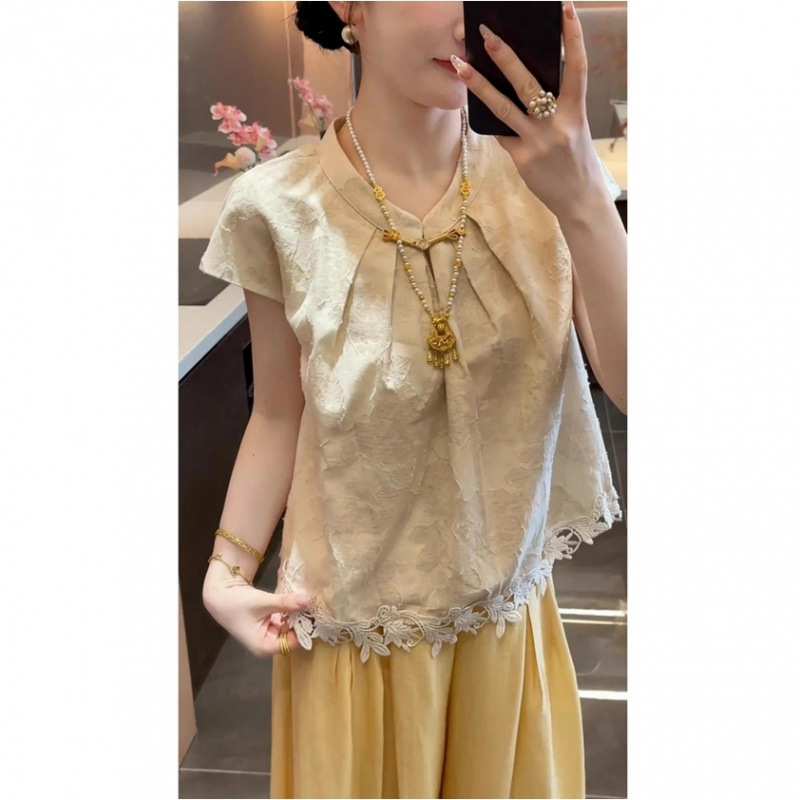 新しい中国風の女性の服 2025 新しいスタイルの美しいハイエンドボタン半袖シャツトップとパンツツーピーススーツ|undefined