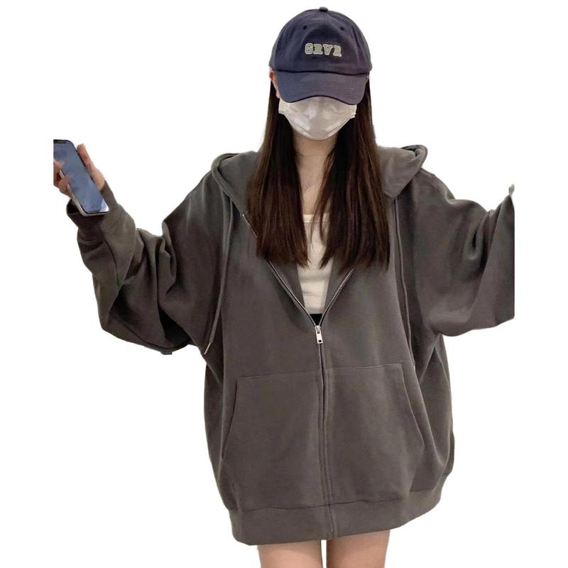 百搭春秋新款慵懒风连帽卫衣女冬加绒宽松情侣拉链开衫外套ins风|undefined