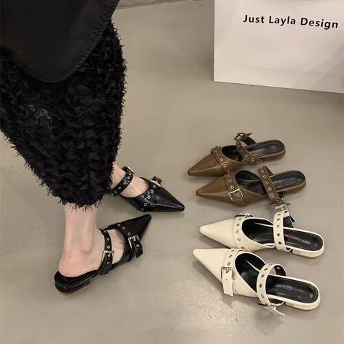 Chunky-heel, closed-toe half-slippers for women—2025 summer outdoor wear, featuring a retro pointed design with a leather strap and buckle, exuding elegant charm.