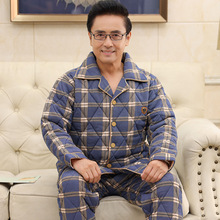 男士睡衣秋冬季爸爸冬款加绒加厚珊瑚绒三层夹棉中老年家居服套装