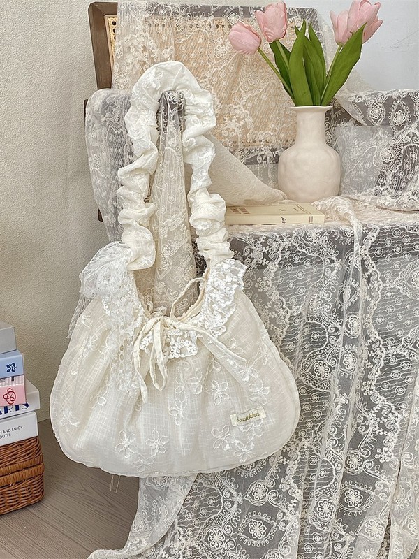53152花柄フリル肩ひもレース蝶ネクタイ文芸バラハンドバッグ通勤脇下バッグ斜めがけバッグ|undefined