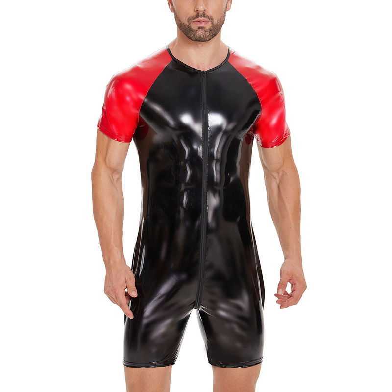 Cross-border products European and American men's PVC bright leather jumpsuit sexy slim leather no smell accurate size