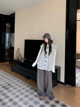 2026新款气质叠穿针织马甲女内搭蕾丝打底衫春季条纹阔腿裤三件套