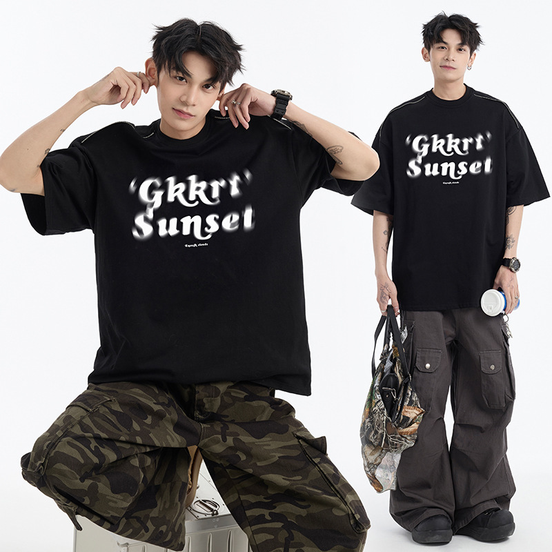 夏用ぼんやりプリント厚手320g半袖Tシャツメンズジッパーデザイン七分袖トップストレンディブランドルーズTシャツ|undefined