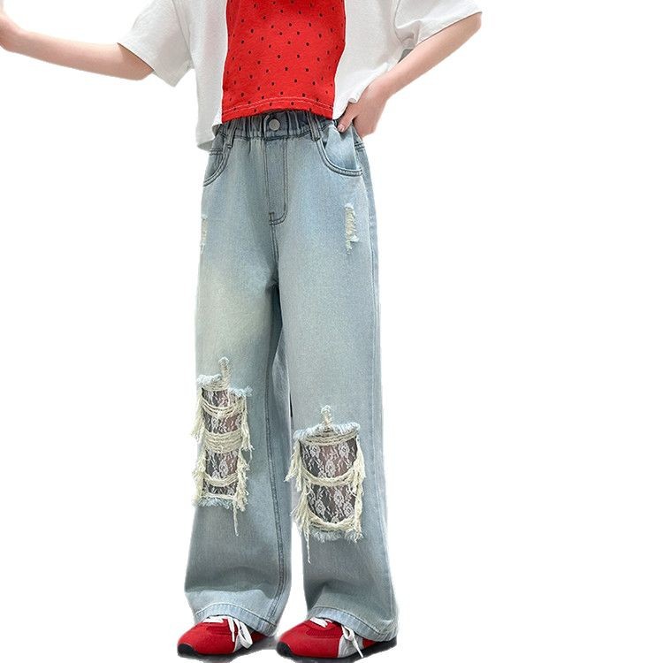 A25036 Style Ripped Lace Jeans Wide Leg New Children's Miscellaneous European And American Jeans_viptrois.com