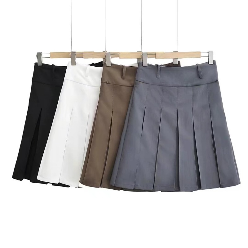 casual high waist slim solid color pleated skirt NSXDX137331