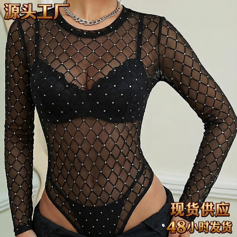 European and American Style Sexy Long-Sleeved Lingerie, Black Hot Girl Mesh Rhinestone See-Through Bodysuit, Sexy Outfit Set European and American Style Sexy Long-Sleeved Lingerie, Black Hot Girl Mesh Rhinestone See-Through Bodysuit, Sexy Outfit Set