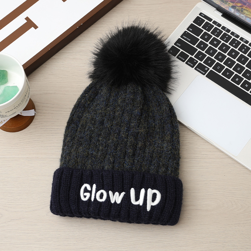 Gorro de lana de punto con bordado de letras inglesas, versátil, bonito y cálido, ideal para otoño e invierno. Con pompón. Estilo coreano._voghion.com