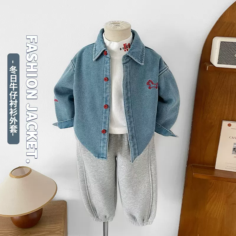 风之谷2025冬季新款童装男童日韩系刺绣小马牛仔衬衫加绒加厚衬衣