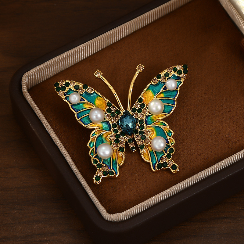 Oro real galvanizado nuevo broche de mariposa china esmalte pintado chaqueta cardigan pin de lujo flores pectoral de perlas de agua dulce image 7
