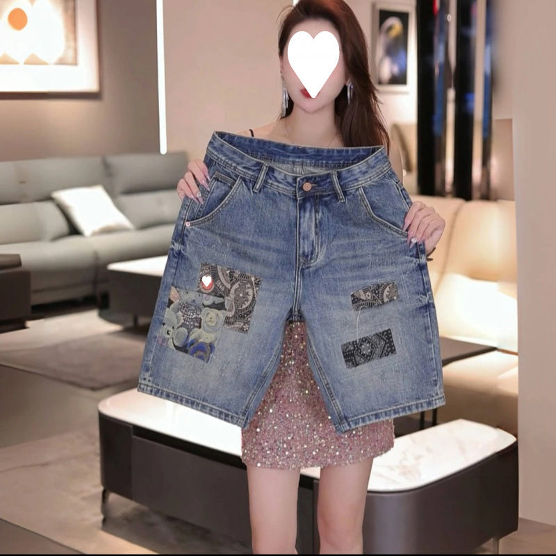 Summer Thin Original American Trendy Designer Patchwork Embroidered Men's Straight-Leg Denim Shorts Mid-Length Shorts