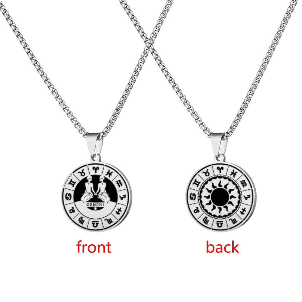 Colgante de titanio con 12 constelaciones de talismán de hip hop personalizado de Huanyu, de acero inoxidable con grabado circular._voghion.com