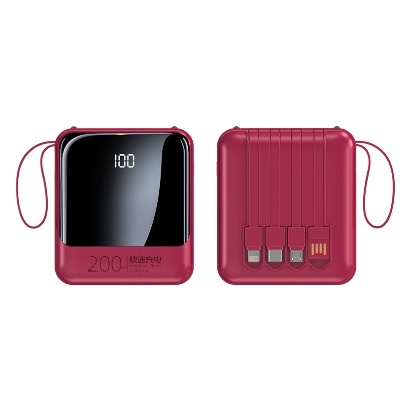 Batería Externa Compacta de 10000 mAh con Carga Rápida de 22.5 W, Cable Integrado, Color Rojo Rosa, Fuente de Alimentación Móvil, Regalo, Logotipo, Carga Rápida